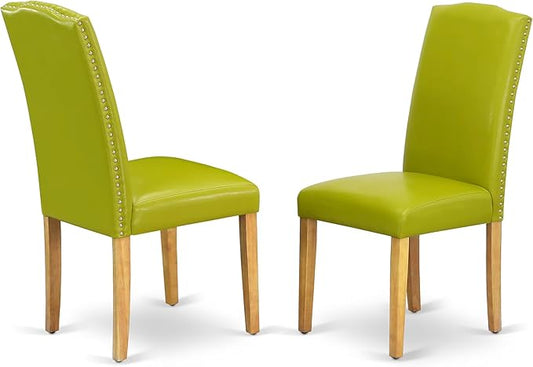 East West Furniture ENP4T51 Encinal Parsons Dining Chairs - Nailhead Trim Autumn Green Faux Leather Upholstered Chairs, Set of 2, Oak