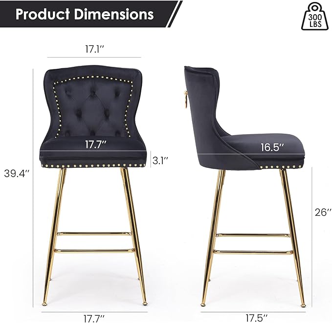Luxurious Velvet Counter Height Bar Stools Set of 2 with Metal Legs, Button Tufted, Nailheads Trim, Wing-Back Bar Chairs for Kitchen Island Dining Room Pub(Black)