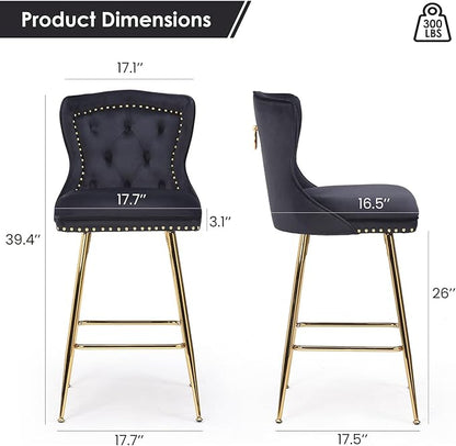Luxurious Velvet Counter Height Bar Stools Set of 2 with Metal Legs, Button Tufted, Nailheads Trim, Wing-Back Bar Chairs for Kitchen Island Dining Room Pub(Black)