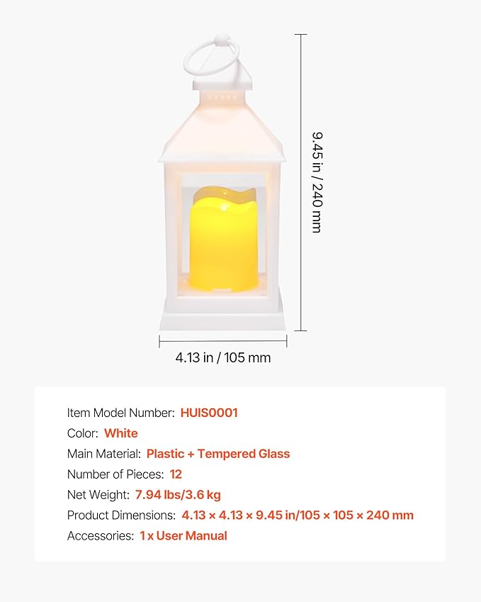 VEVOR 12 Pcs Decorative Candle Lantern, LED Electric Flameless Candle, Plastic LED Holder with Glass, Wall Hanging Indoor Porch Lanterns for Wedding Table Party Farmhouse Indoor Decor, White