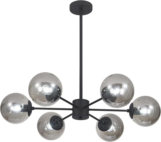 KCO Lighting Mid Century Modern Globe Sputnik Chandelier 6-Light Smoke Gray Glass Globe Flush Mount Ceiling Light Black Farmhouse Kitchen Island Lighting Fixture (Black+Smoke Gray)