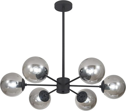 KCO Lighting Mid Century Modern Globe Sputnik Chandelier 6-Light Smoke Gray Glass Globe Flush Mount Ceiling Light Black Farmhouse Kitchen Island Lighting Fixture (Black+Smoke Gray)