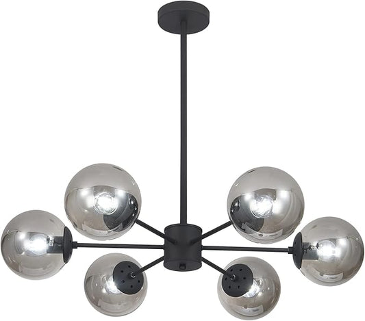KCO Lighting Mid Century Modern Globe Sputnik Chandelier 6-Light Smoke Gray Glass Globe Flush Mount Ceiling Light Black Farmhouse Kitchen Island Lighting Fixture (Black+Smoke Gray)