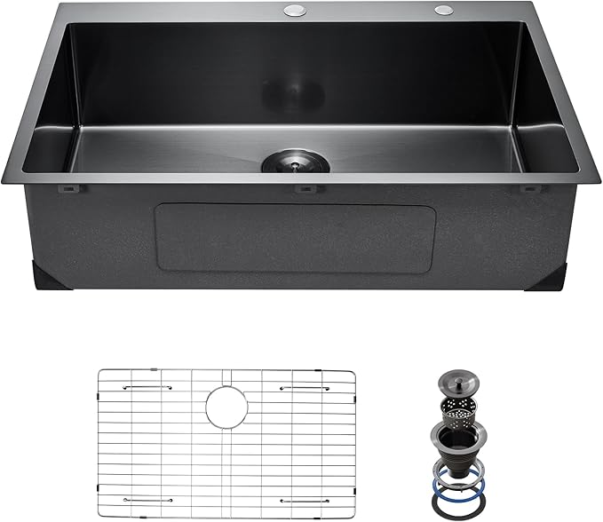 VEVOR 33 inch Kitchen Sink Workstation, 304 Stainless Steel Top Mount Sinks, Drop-In Single Bowl Farmhouse Basin with Accessories, Household Dishwasher Sinks for RV, Prep Kitchen, and Bar (Black)