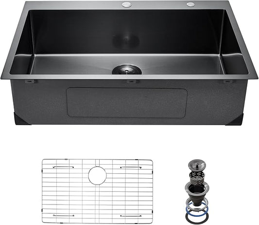 VEVOR 33 inch Kitchen Sink Workstation, 304 Stainless Steel Top Mount Sinks, Drop-In Single Bowl Farmhouse Basin with Accessories, Household Dishwasher Sinks for RV, Prep Kitchen, and Bar (Black)