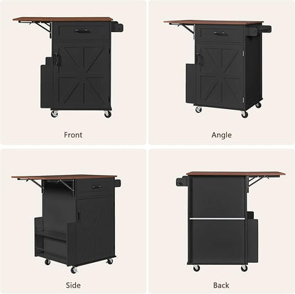 Kitchen Island with Storage, Rolling Kitchen Table on Wheels with Drop Leaf - Open Spice Rack&Towel Rack, Drawer, Cabinet, Adjustable&Removable Shelf, for Kitchen, Dinning Room, Black