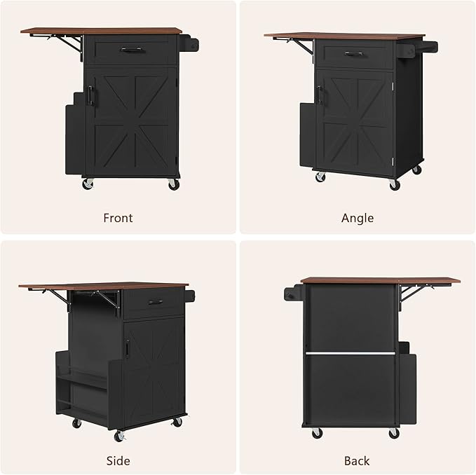 39.3" Farmhouse Kitchen Island with Drop Leaf and Open Side Rack, Small Kitchen Rolling Cart with Drawer and Storage Cabinet, Mobile Dining Table with Lockable Wheels and Towel Rack for Garden Black