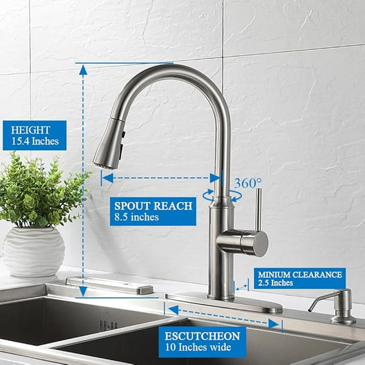 Arofa Kitchen Faucet with Pull Down Sprayer, Brushed Nickel Kitchen Sink Faucet 1-3 Hole Single Handle High Arc Stainless Steel Commercial Modern Kitchen Faucets for RV/Laundry/Outdoor/Bathroom Sink