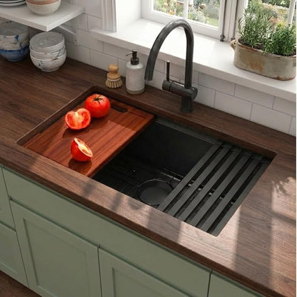 LQS Undermount Kitchen Sink 32 x 18, Large Black Undermount Kitchen Sink, Deep Single Bowl Sinks, Top-Grade 16 Gauage Stainless Steel Nano PVD Material with Round Corner and X-Shape Drain Line