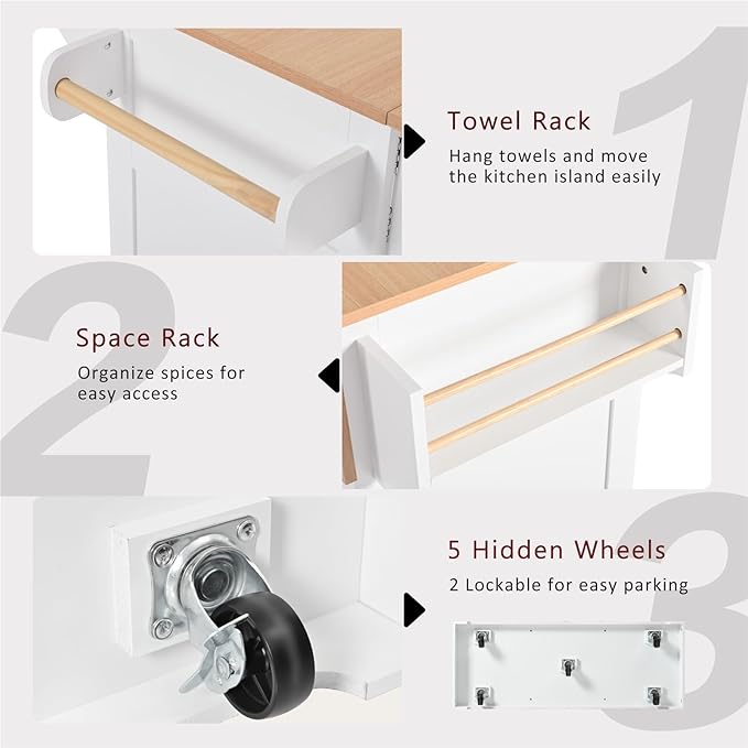 Large Kitchen Island with 2 Drop Leaf Rolling Cart with Power Outlet Folding Storage Dining Table with Spice and Towel Rack Practical(White)