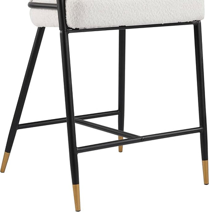 Set of 2 Upholstered Counter Stools - 26" Seat Height Beige Boucle Stools with Sturdy Iron Frame, Gold Trim+Black Base, Contemporary Design for Kitchen Island/Home Bar/Dining Area