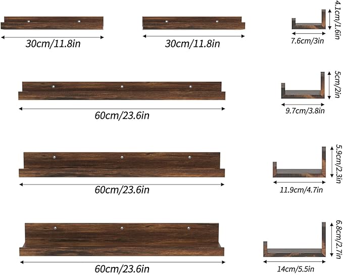 Giftgarden 24 Inch Wall Mounted Floating Shelves Set of 5, Rustic Wood Wall Shelves for Bathroom, Bedroom, Kitchen, Living Room Storage and Decoration, Brown Picture Ledge