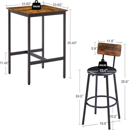 Bar Table Set for 2 with 2 PU Upholstered Stools, Pub Bistro Dinning Table and Stools with Backrest, Counter Height Bar Table Set for Apartment, Kitchen, Small Space