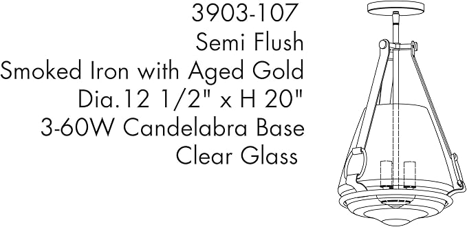 Minka Lavery 3903-107 Eden Valley Convertible Pendant to Semi-Flush, 3-Light, 180 Total Watts, 12.38-in H x 18.13-in W, Smoked Iron with Aged Gold
