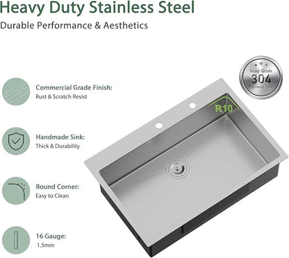33x22 Drop In Kitchen Sink - Couoko 33 Inch 16 Gauge T304 Stainless Steel Drop In Sink Large Deep Handmade Single Bowl Kitchen Sinks with Accessories, 33"x22"x9"