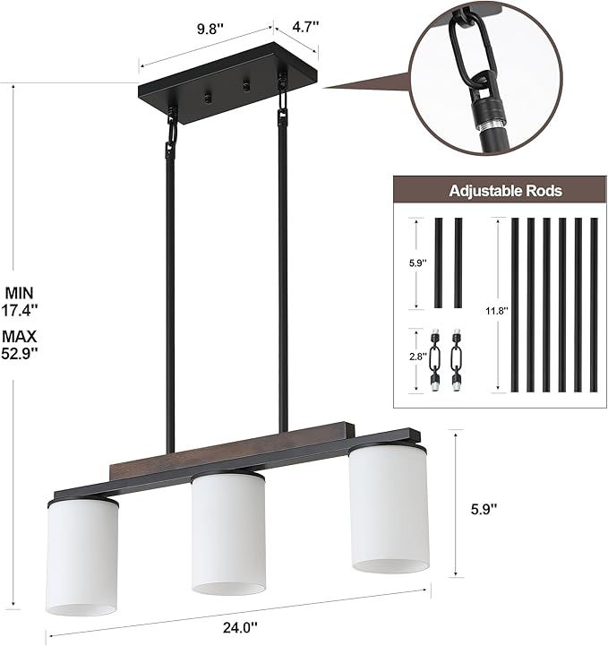 Mecgirn Farmhouse Dining Room Light Fixtures Over Table, Black Pendant Lights for Kitchen Island with Milk Glass Shade, 3 Light Linear Chandelier Lighting with Wood