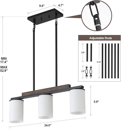 Mecgirn Farmhouse Dining Room Light Fixtures Over Table, Black Pendant Lights for Kitchen Island with Milk Glass Shade, 3 Light Linear Chandelier Lighting with Wood