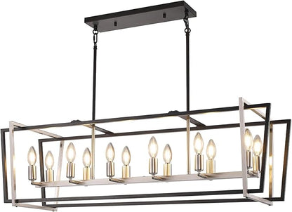 WJShome Dining Room Light Fixture/Chandelier Over Table, 12-Light Kitchen Island Lighting, 40" Hanging for Farmhouse Linear Chandeliers Modern Black and Brushed Nickel Ceiling Pendant Light Fixtures