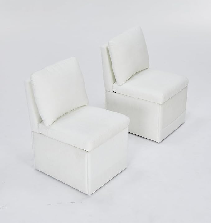 Set of 2 Linen Upholstered Armless Dining Chair with Casters and Storage Space, Modern Dining Room Chairs with Wheels for Dining Room Kitchen Bedroom Reading Room Living Room, Ivory