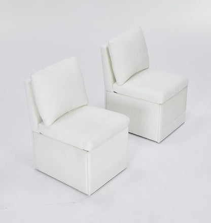 Set of 2 Linen Upholstered Armless Dining Chair with Casters and Storage Space, Modern Dining Room Chairs with Wheels for Dining Room Kitchen Bedroom Reading Room Living Room, Ivory