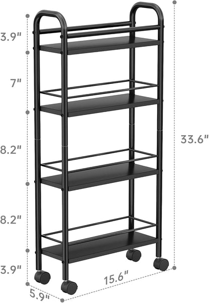 Asgolion Slim Storage Cart, 4-Tier Small Rolling Cart with Wheels, 5.9" Deep, Narrow Bathroom Shelf Trolley for Kitchen, Bathroom, Laundry Room, Black Standard 4-Tier (5.9" W x 33.6" H)