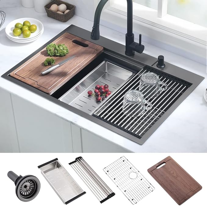 Black Kitchen Sink Drop In Workstation-Hovheir 30x22 Drop In Top Mount Kitchen Sink Black Stainless Steel Workstation Sinks 16 Gauge 304 Single Bowl Deep Overmount Sinks with Cutting Board
