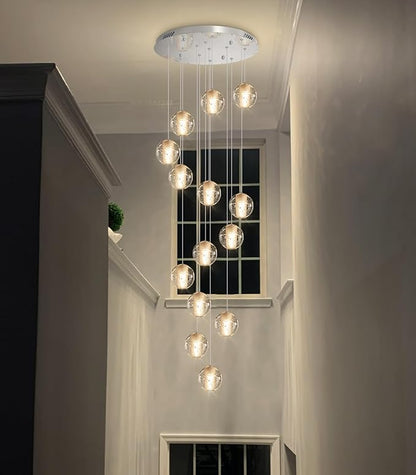 HAIXIANG 14-Lights Modern Chandelier Bubble Crystal 118" Long Lights for Living Room Entrance Foyer Sloped High Ceiling Spiral Pendant Lighting Warm Ligh Bulbs Silver Lights