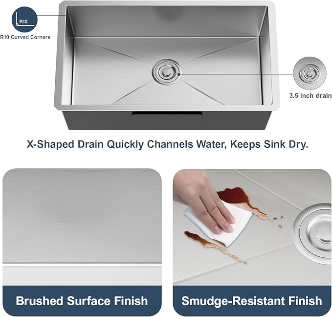 MAYESAR 30 Inch Undermount Kitchen Sink - 30 x 18 Stainless Steel Kitchen Sinks 16 Gauge Single Bowl 9" Deep Handmade Sink with Brushed Finish, Round Corner