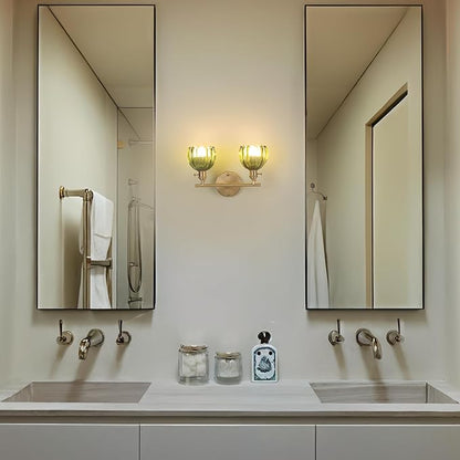 Shenmoyl Battery Operated Bathroom Light Fixtures, 2-Light Brass Vanity wall Light with 5000mAh Rechargeable Bulb Over Mirror with Green Tulip Glass Shade for Bedroom Living Room