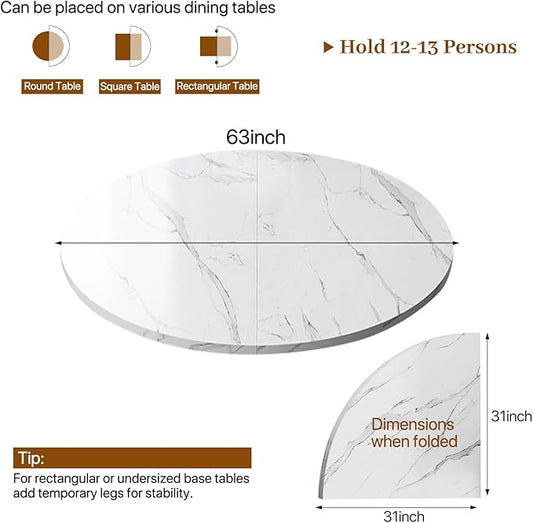 Wood Round Foldable Table Top Only Large Portable Tabletop for Desktop Transformation 47 51 55 59 63 71 inch 4-Fold Folding Round Table Top Extender Space Saving for Family Dinners(White Marble,63")
