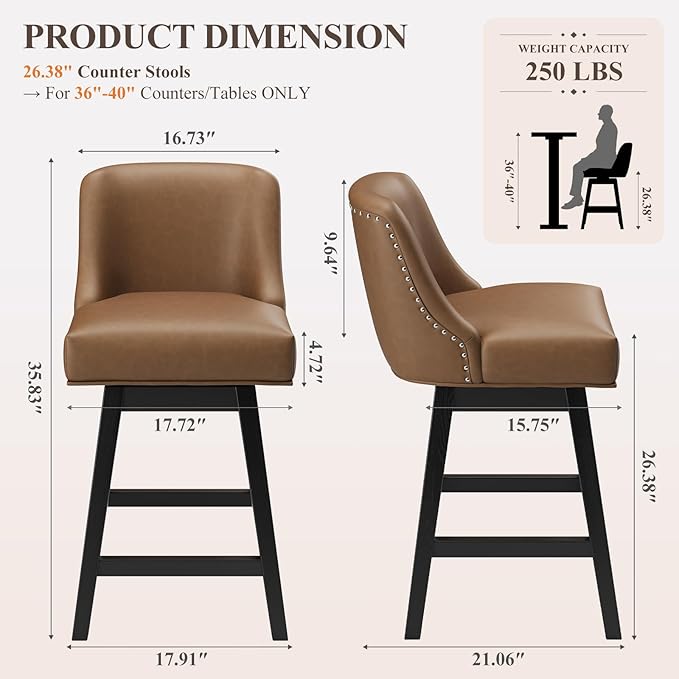 MALOL Swivel Bar Stools, 27" Counter Height Kitchen Stools with Padded Seats and Solid Wood Legs, Leather Barstools for Kitchen Island, Breakfast Nook (Brown)