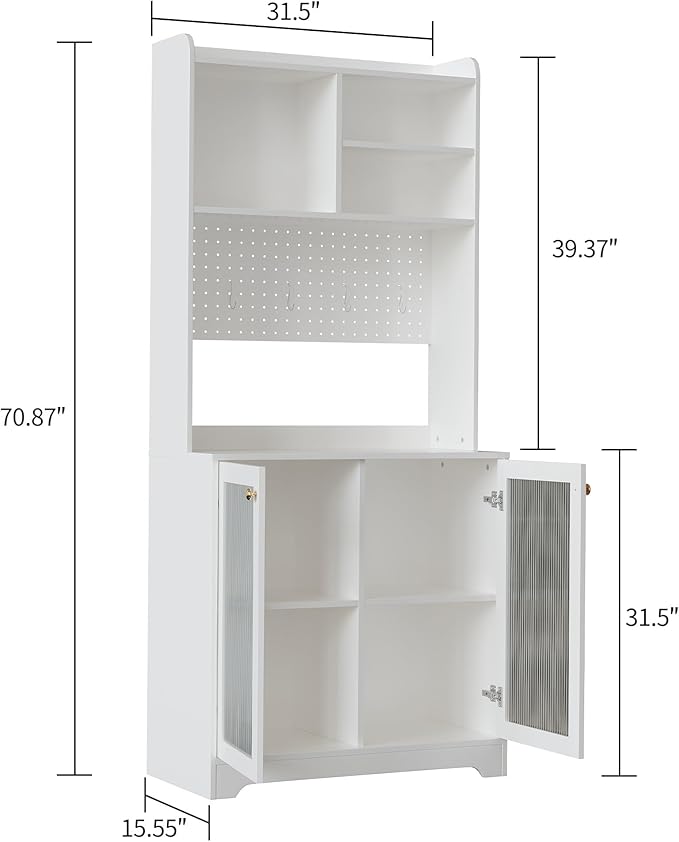 71" Kitchen Pantry Cabinet with Double Glass Doors and Pegboard, Wooden Cabinet with Open Shelves and Countertop,Kitchen Hutch with Storage for Dining Room or Living Room, White