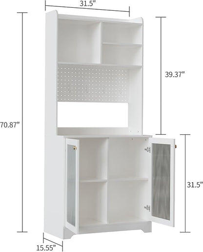 71" Kitchen Pantry Cabinet with Double Glass Doors and Pegboard, Wooden Cabinet with Open Shelves and Countertop,Kitchen Hutch with Storage for Dining Room or Living Room, White