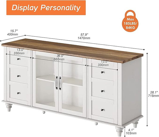WAMPAT Sideboard Buffet Cabinets with Glass Door, Kitchen Storage Cabinets, Wood Coffee Bar Tables, Accent Sideboard Storage Cabinet Table Dining Room, Living Room, Off White