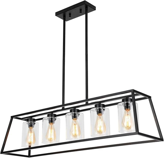 Kitchen Island Lighting,5-Light Black Chandeliers for Dining Room Light Fixtures Over Table, Farmhouse Rectangle Chandelier Island Lights for Kitchen with Cylinder Clear Glass