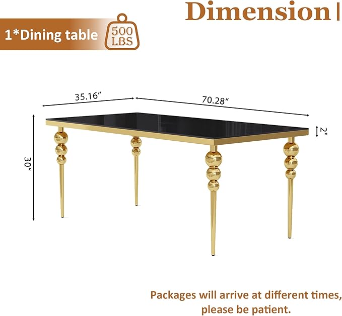 70 Inch Glass Dining Table for 6-8, Luxurious Rectangular Kitchen Table with Black Tempered Glass Top, Gold Stainless Steel Legs for Dining Room, Restaurant, Living Room