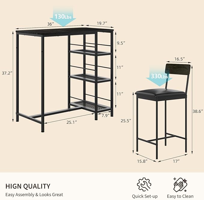 3-Piece Modern Dining Set, Dining Table Set with 2 Upholstered Bar Stools,Bar Table Set w/ Metal Frame&Built-in Wine Rack for Kitchen Dining Room Apartment Breakfast Nook 36"Lx 16.7"W x 37.2"H Black