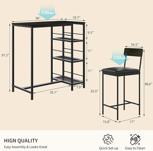 3-Piece Modern Dining Set, Dining Table Set with 2 Upholstered Bar Stools,Bar Table Set w/ Metal Frame&Built-in Wine Rack for Kitchen Dining Room Apartment Breakfast Nook 36"Lx 16.7"W x 37.2"H Black