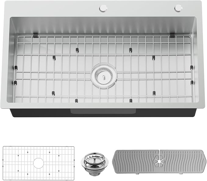 Kitchen Sink, 33x19 Inch Stainless Steel Drop In Modern Large Single Bowl Topmount Kitchen Sink Gift Combo-SS Grid,Silicon Mat, Drain Strainer Set Compatibility With Various Kitchen&Bar Style