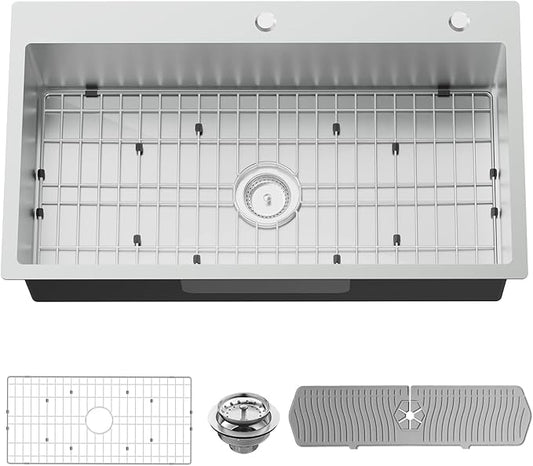 Kitchen Sink, 33x19 Inch Stainless Steel Drop In Modern Large Single Bowl Topmount Kitchen Sink Gift Combo-SS Grid,Silicon Mat, Drain Strainer Set Compatibility With Various Kitchen&Bar Style
