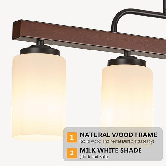 Farmhouse Dining Room Light Fixture Over Table, Black 4-Light Wood Kitchen Island Lighting with Milk White Glass, Industrial Linear Chandelier Pendant Lights