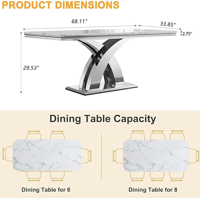 Modern Marble Dining Table for 4-6,White Dining Room Table with Silver X Stainless Steel Base,68" Rectangle Faux Marble Kitchen Table for 4-6 People,Luxury Dining Table for Living Room Home Office