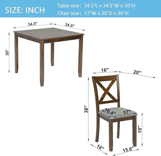 5-Piece Solid Wood Dining Table Set with 4 Upholstered Chairs, Square Kitchen Table Set for 4, Modern Dining Room Table and Chairs Set of 4 for Kitchen and Dining, Walnut