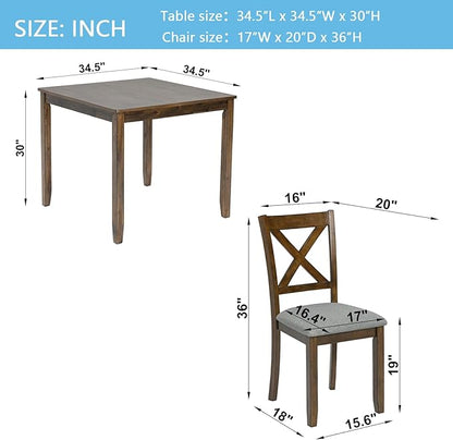 5-Piece Solid Wood Dining Table Set with 4 Upholstered Chairs, Square Kitchen Table Set for 4, Modern Dining Room Table and Chairs Set of 4 for Kitchen and Dining, Walnut
