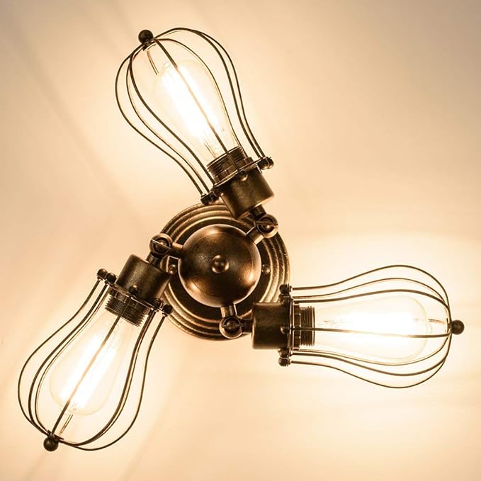 GLADFRESIT Vintage Ceiling Light 3 Lights Adjustable Socket Rustic Lamp, Metal Cage Semi-Flush Mount Industrial Ceiling Light Indoor Home Retro Chandeliers Lighting Fixture
