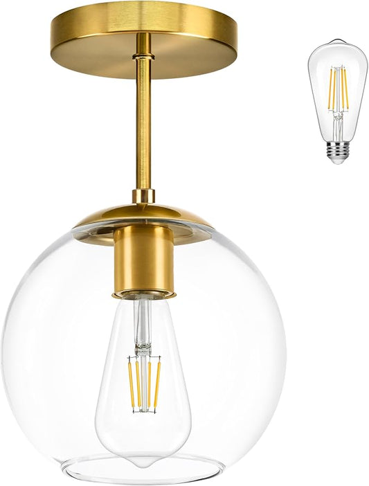 Bagood Gold Semi Flush Mount Ceiling Light Fixture with Clear Glass Light Fixture Mid Century Light Fixtures Gold Semi Flush Ceiling Light Fixtures for Dining Room Kitchen Island (Bulb Incl)