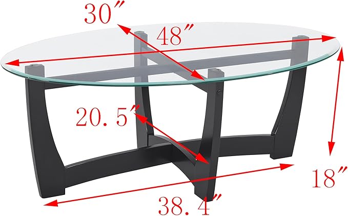48" Oval Coffee Tables, Modern Center Table with Tempered Glass Tabletop Cross and Solid Wood Base, Small Space Coffee Table for Living Room Black