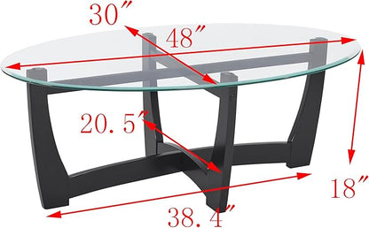 48" Oval Coffee Tables, Modern Center Table with Tempered Glass Tabletop Cross and Solid Wood Base, Small Space Coffee Table for Living Room Black