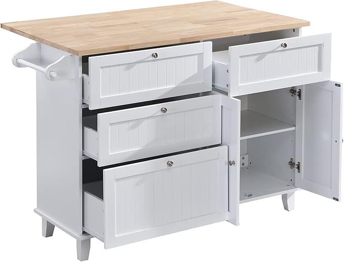 3 Piece Dining Table Set, Kitchen Island Set with 2 Stools and Drop Leaf Rolling Kitchen Island Table on Wheels with Storage Cabinet, Drawers and Towel Rack for Dining Room Small Space, White