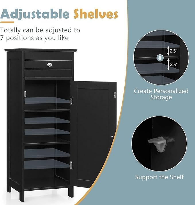 Bathroom Floor Cabinet, Freestanding Side Floor Storage Cabinet, 1 Large Drawer and 2 Adjustable Shelves, Modern Storage Cabinet Bathroom Storage Cabinet for Narrow Space (Black)